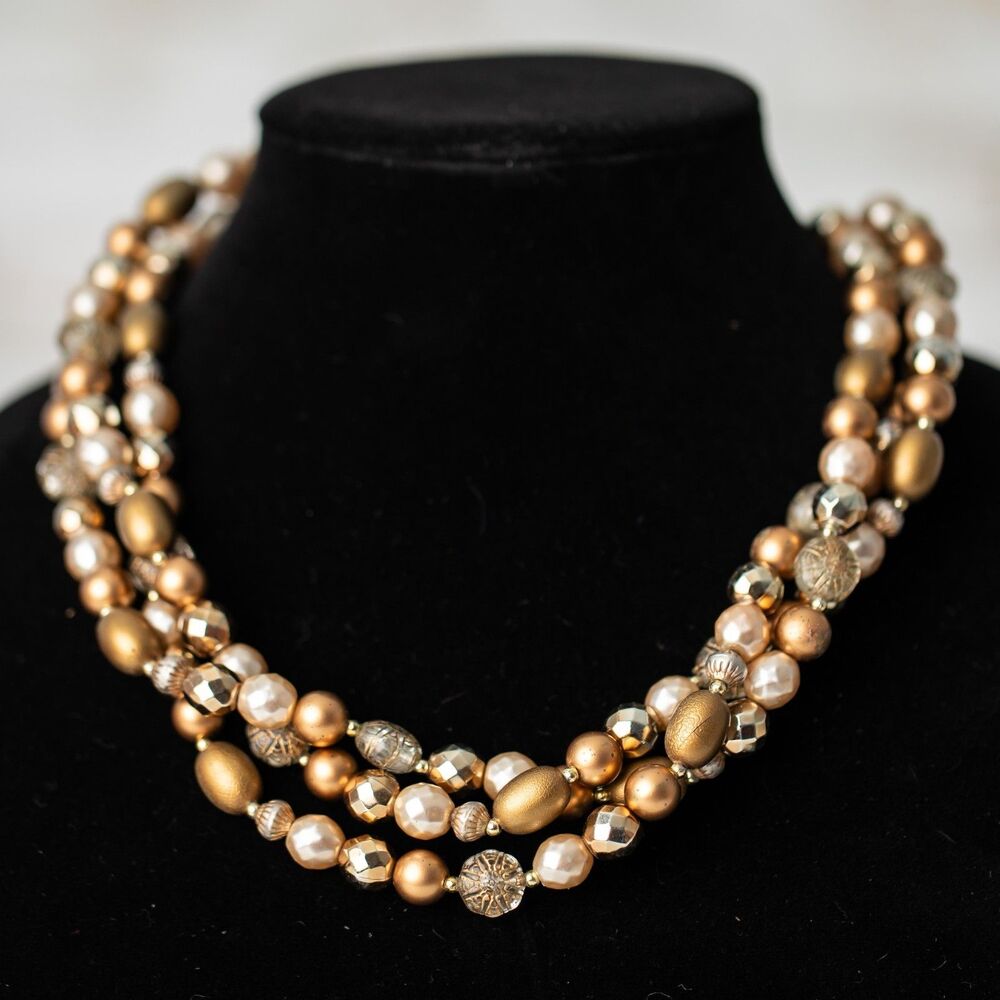 Multi Strand Statement Necklace Gold Silver Faux Pearl Beaded Chunky Adjustable